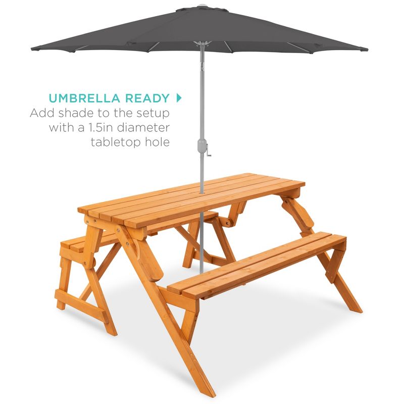 Best Choice Products 2-in-1 Outdoor Interchangeable Wooden Picnic Table/Garden Bench for w/ Umbrella Hole - Natural, 5 of 8
