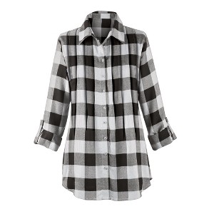 Collections Etc Buffalo Plaid Design Pintuck Tunic Top with Roll-Tab Sleeves and Button Front - 1 of 4