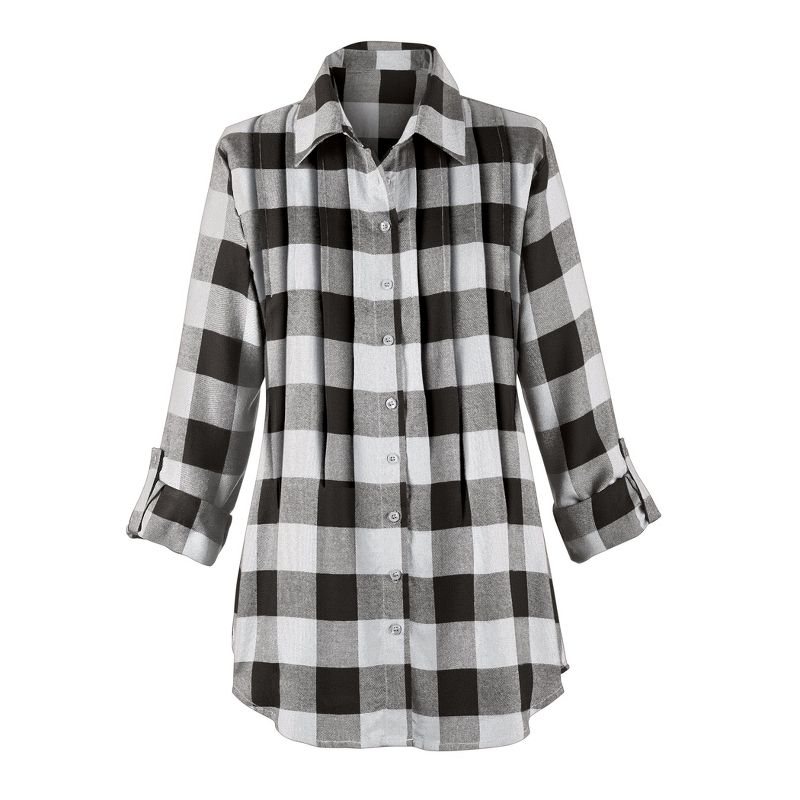 Collections Etc Buffalo Plaid Design Pintuck Tunic Top with Roll-Tab Sleeves and Button Front, 1 of 5