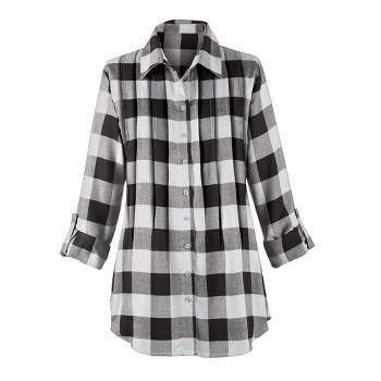 Collections Etc Buffalo Plaid Design Pintuck Tunic Top with Roll-Tab Sleeves and Button Front
