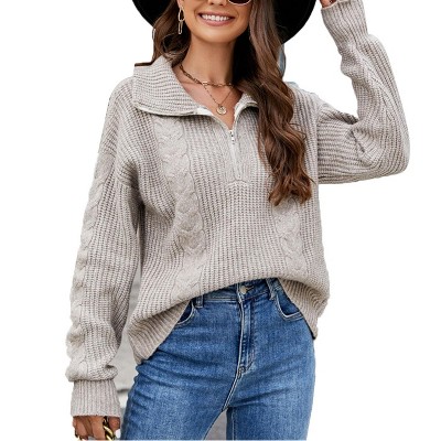 Clearlove Pullover Sweaters for Women Loose Quarter Zip Sweater Turtleneck Long Sleeve Cable Knit Winter Clothes