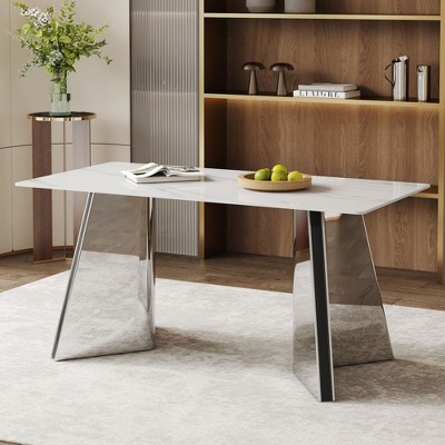 Sapphtopaz Dining Table Kitchen Table 63" Marble-Patterned Slab Table with Stainless Steel Butterfly Legs for Kitchen, Dining Room
