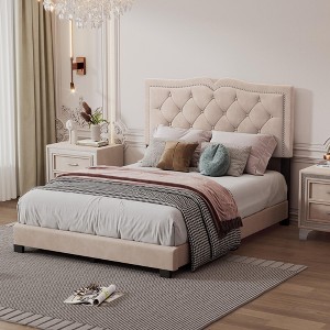 KWPZQE Platform Bed Frame with Velvet Upholstered Headboard and Wooden Slats Support, No Box Spring Needed, Easy Assembly - 1 of 4