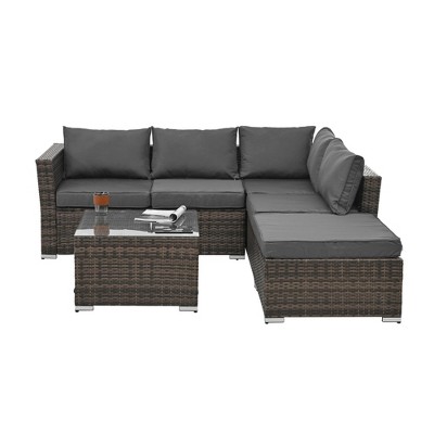 Maggift 4PCS Patio Seating Rattan Furniture Set Sectional Sofa Cushioned Garden, Tempered Glass Table, Gray, 51.1"*27.5"*25.62"
