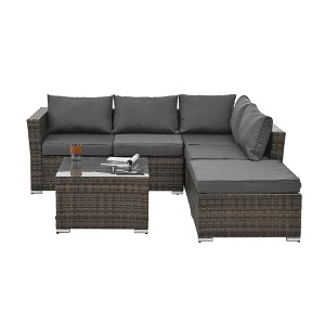 Maggift 4PCS Patio Seating Rattan Furniture Set Sectional Sofa Cushioned Garden, Tempered Glass Table, Gray, 51.1"*27.5"*25.62" - 1 of 4