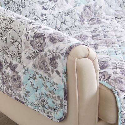 Gray and Aqua Floral Patchwork Stain-Resistant Microfiber Sofa Protector