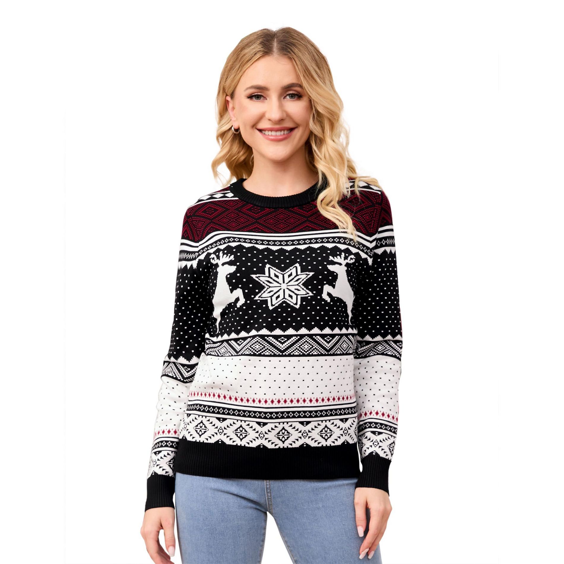Women's Christmas Pullover Sweater Holiday Knit Top with Festive Pattern