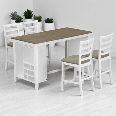 5-Piece Counter Height Dining Table Set with 4 Padded Chairs, Bar Wine Compartment & Wineglass Holders, Solid Rubber Wood, MDF Table for Dining Room