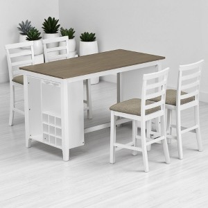 5-Piece Counter Height Dining Table Set with 4 Padded Chairs, Bar Wine Compartment & Wineglass Holders, Solid Rubber Wood, MDF Table for Dining Room - 1 of 4