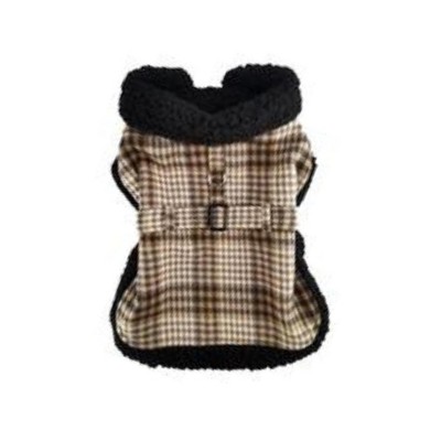 Small Brown and White Plaid Sherpa-Lined Dog Harness Coat