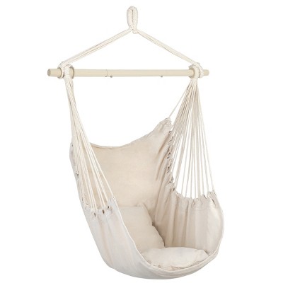 Slickblue Cotton Canvas Hanging Chair, Soft Pillows, Rope Chair, Rainbow, Beige
