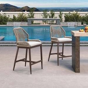 PURPLE LEAF Patio Sunbrella Bar Stools Set of 2 Handwoven Wicker Bar Height Stool Modern Aluminum Outdoor Wicker Barstools with Back and Cushion - 1 of 4