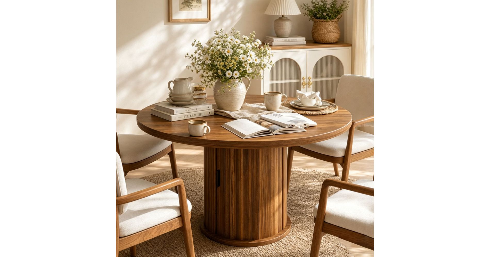 Round Dining Table 47 Inch Farmhouse Kitchen Table with Storage Drawer and Sliding Doors Wood Circle Dinner Table for 4-6 for Kitchen Living Room