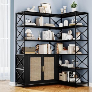 Corner Bookshelf, 6 Tier Corner Shelf with Storage, Farmhouse L Shaped Shelf with Cabinet, Modern Industrial Bookcase for Home Office, Living Room - 1 of 4