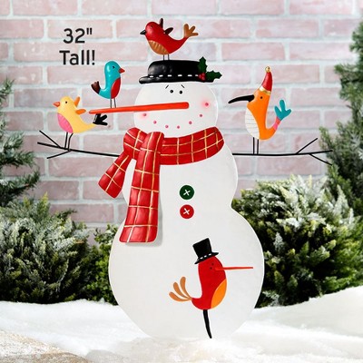 Whimsical Metal Snowman with Colorful Birds Garden Stake