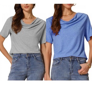 INSPIRE CHIC Women's Cowl Neck Short Sleeve Casual Stretchy Shirts 2 Packs - 1 of 4