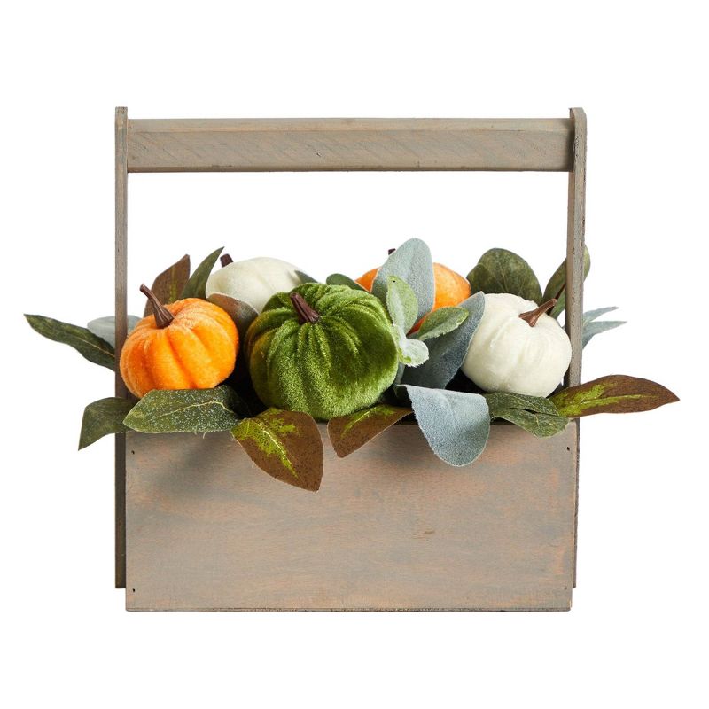 Nearly Natural 10-in Fall Pumpkin Artificial Autumn Arrangement in Wood Basket, 1 of 5