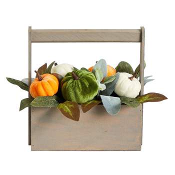 Nearly Natural 10-in Fall Pumpkin Artificial Autumn Arrangement in Wood Basket