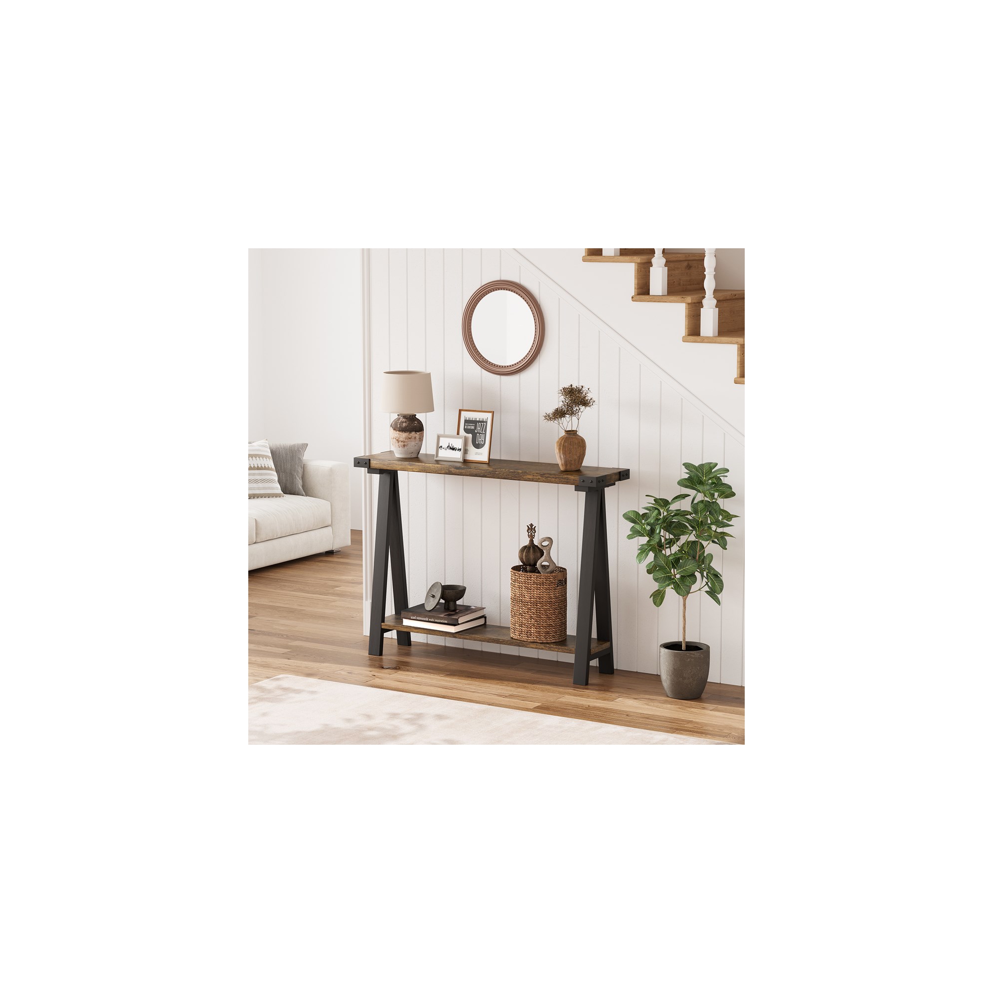 Farmhouse Console Table, 43.3" Entryway Table with Storage, 2 Tier Sofa Table with Metal Frame and MDF, Behind Couch Table for Living Room-Vintage