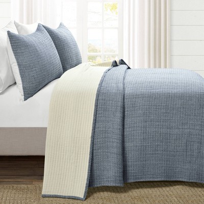 Lush Decor Lush Décor 3pc King Solid Kantha Pick Stitch Yarn Dyed Woven Quilt/Coverlet Set Navy/Off-White: Reversible Bedding Set with Shams — фото 2