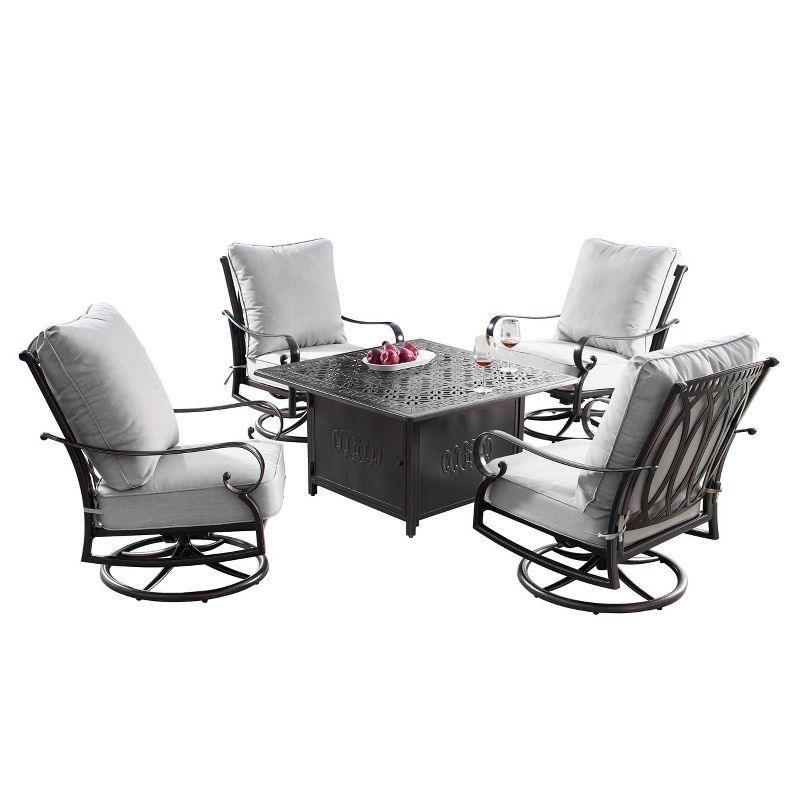 5pc Set with 42&#34; Square Outdoor Aluminum Fire Table &#38; Four Swivel Rocking Chairs &#38; Wind Blocker Lid - Oakland Living, 1 of 18
