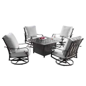 5pc Set with 42" Square Outdoor Aluminum Fire Table & Four Swivel Rocking Chairs & Wind Blocker Lid - Oakland Living