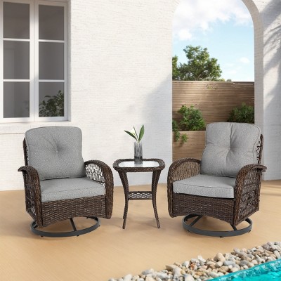 Outdoor Furniture Sets, Patio Conversation Sofa, 360 Degree Rocking Chairs with Removable Cushions and Glass Coffee Table-Coolbibila
