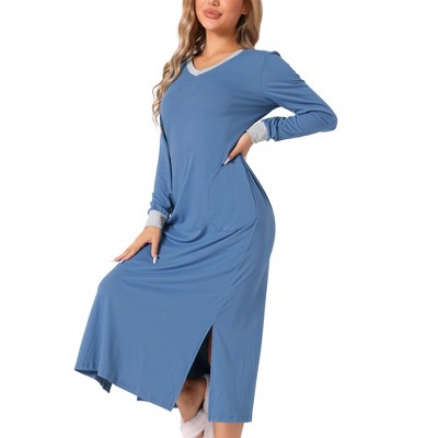 cheibear Women's Long Sleeve V Neck Soft Sleep Dress with Pockets