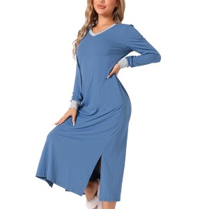 cheibear Women's Long Sleeve V Neck Soft Sleep Dress with Pockets - 1 of 4