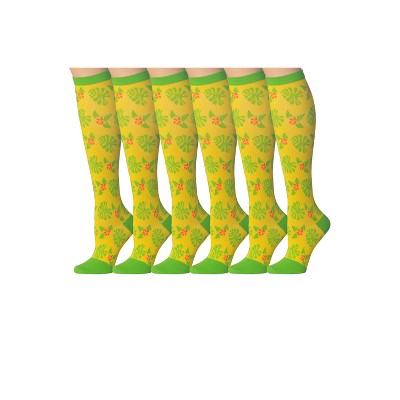 Tipi Toe 3 Pairs Compression Socks for Men & Women Nature Harmony Leafy Motif Colorful Patterned Knee High Socks (12-14 mmHg)