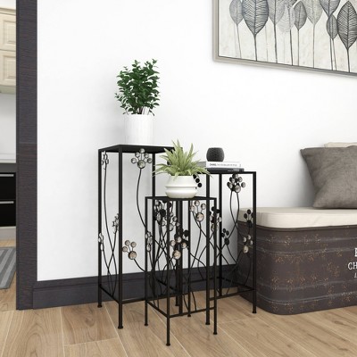 Set of 3 Black Iron Floral Plant Stands