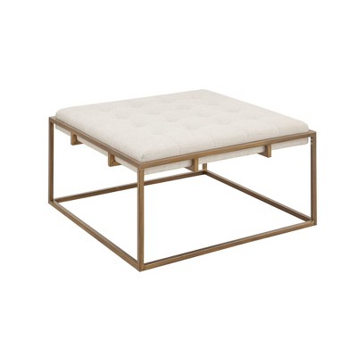 Ivory Tufted Square Ottoman with Bronze Metal Base