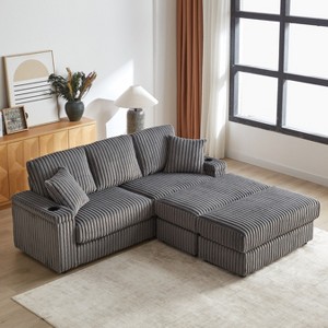 KWPZQEB 84'' Modern Sofa, Comfy Cloud Couch with 2 Ottoman & 2 Pillows, Deep Seat Corduroy 3 Seat Sofa for Living Room - 1 of 4