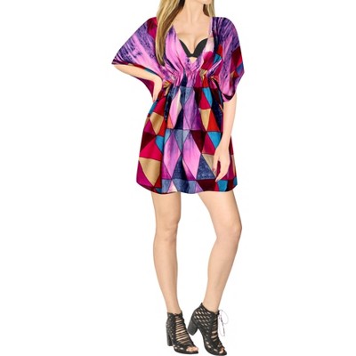 LA LEELA Women's Mini loose Vacation Beachwear Flowy Bathing Suit Summer Plus Size Fall Swimsuit Cover Ups L-XL Purple , Abstract