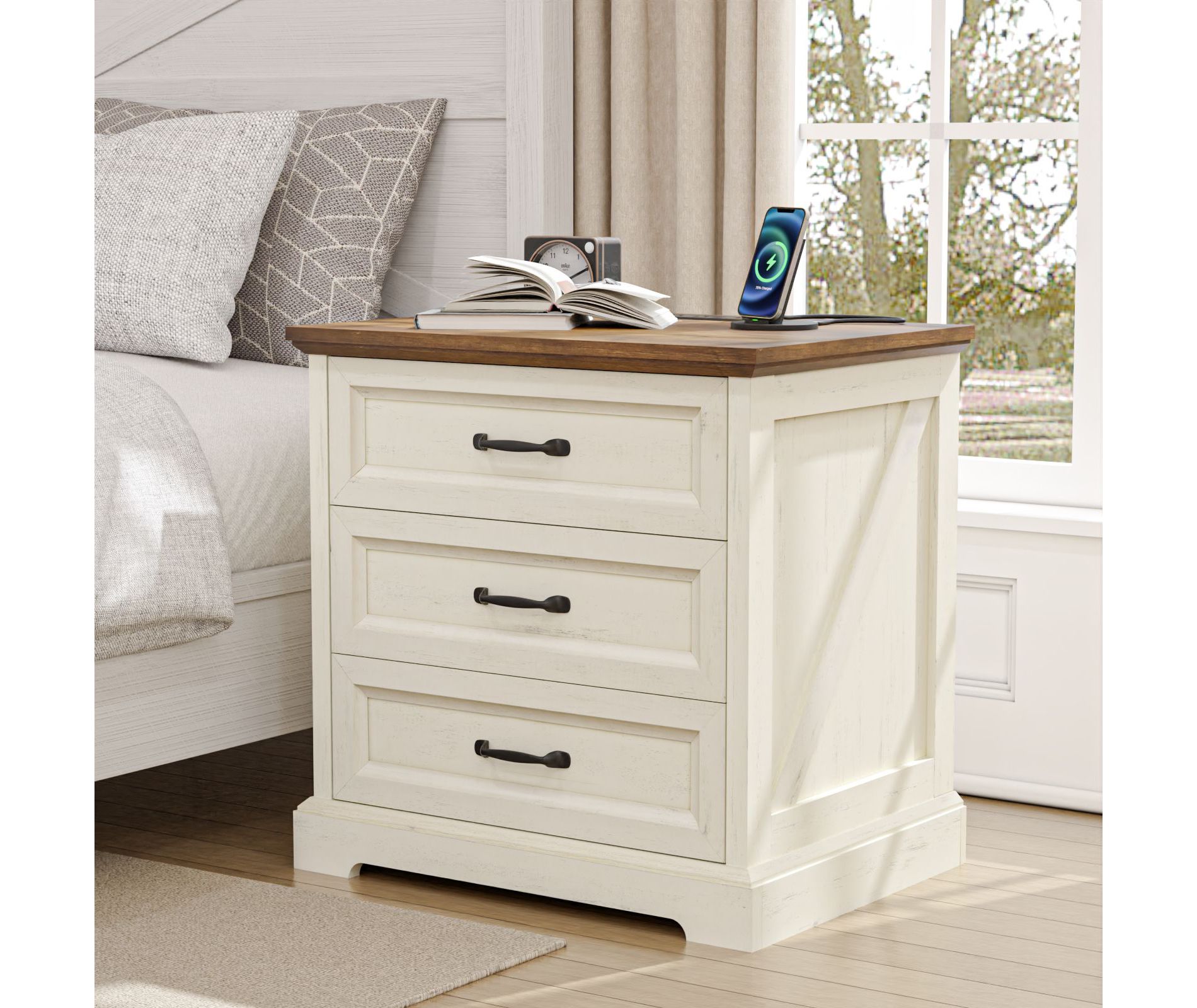 Hommpa Modern Rustic Bedside Table Nightstand 3 Drawers with Charging Station for Bedroom or Living Room