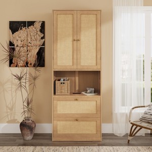 72.8" Tall 2-Door Bookshelf with USB Port, 2 Drawers & Rattan Design, Walnut/Natural - ModernLuxe - 1 of 4