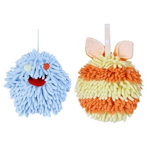 REGALWOVEN 2 Packs Fluffy Chenille Rabbit Shape Cute Soft Absorbent Hanging Ball Hand Towels 7" x 7" - 1 of 4