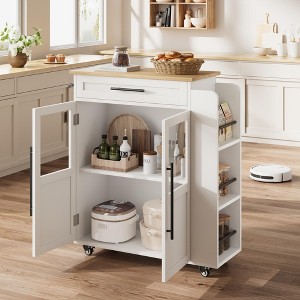Rolling Kitchen Island with Drawer, Solid Wood Cart, Storage Cabinet, 3-Tier Spice Rack, Mobile Trolley on Wheels - 1 of 4