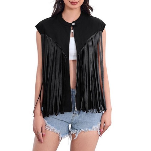 Whizmax Women's Fringe Vest 70s Denim Zip Up Jacket Hippie Sleeveless Loose  Costume Black S