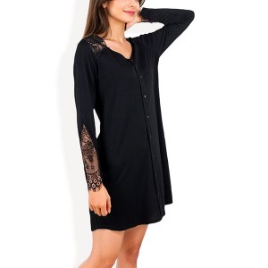 Anna-Kaci Women's Long Sleeve Button-Front Nightdress with Lace Shoulder and Sleeve Detail - 1 of 4