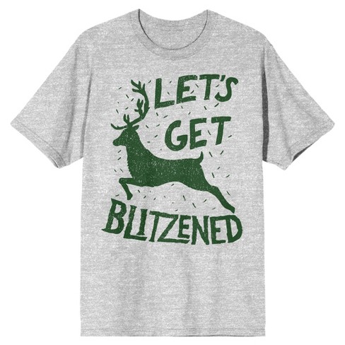 Let's Get Blitzened Specialty Soft Hand Print Tee Shirt T-Shirt - Christmas  Drinking with a Leaping Reindeer-Large