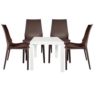 LeisureMod Kent 5-Piece Outdoor Dining Set with Plastic Square Table and 4 Stackable Chairs with Weave Design