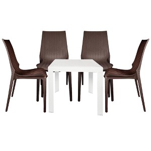 LeisureMod Kent 5-Piece Outdoor Dining Set with Plastic Square Table and 4 Stackable Chairs with Weave Design - 1 of 4