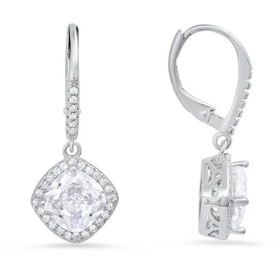 Queen Jewels Sterling Silver Cushion-cut Halo CZ Leverback Earrings