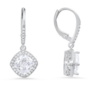 Queen Jewels Sterling Silver Cushion-cut Halo CZ Leverback Earrings - 1 of 2