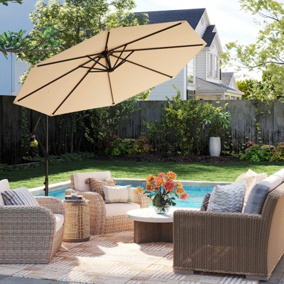 Beige 10' Iron Cantilever Patio Umbrella with Cross Base