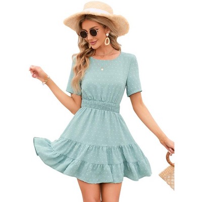 Women's Summer Round Neck Short Sleeve Casual Mini Swiss Dot Chiffon Smocked Waist Tiered Ruffle Hem Beach Dresses