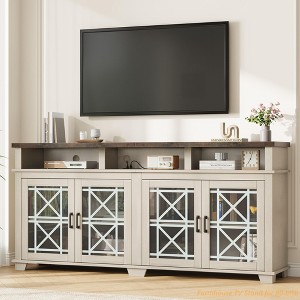 Farmhouse TV Stand for 80 inch, Grey Modern Entertainment Center with Lights and Pattern Glass Doors, Wooden Media Console Cabinet Table - 1 of 4