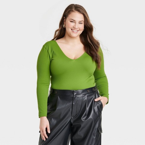 Women's Slim Fit Long Sleeve V-neck Reversible Seamless T-shirt - A New  Day™ Green Xxl : Target