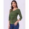 INSPIRE CHIC Women's V Neck 3/4 Sleeves Solid Knitted Buttons Decor Ruched Blouse - 2 of 4